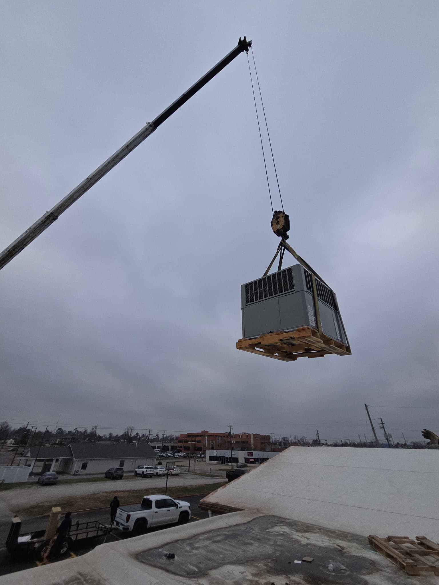 HVAC unit being lifted into place during installation